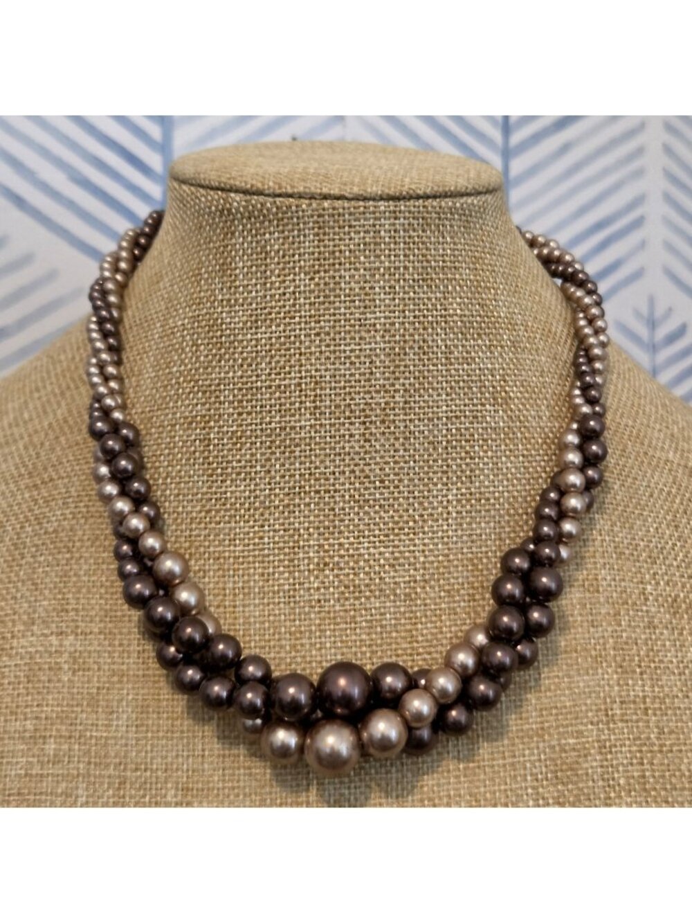 Roman Vintage Bronze & Champagne Faux Pearl Twisted Beaded 18" Necklace